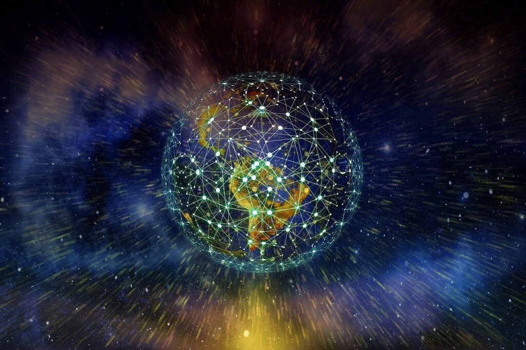 Digital web interlinking intersecting points on the earth floating in space.