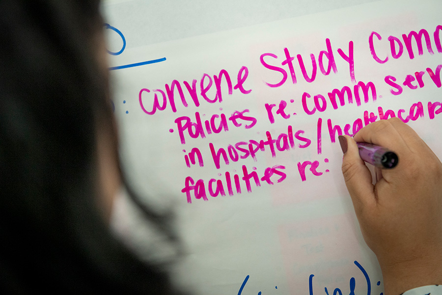 Close up of a white bpard with notes about convening a study and a person writing on it