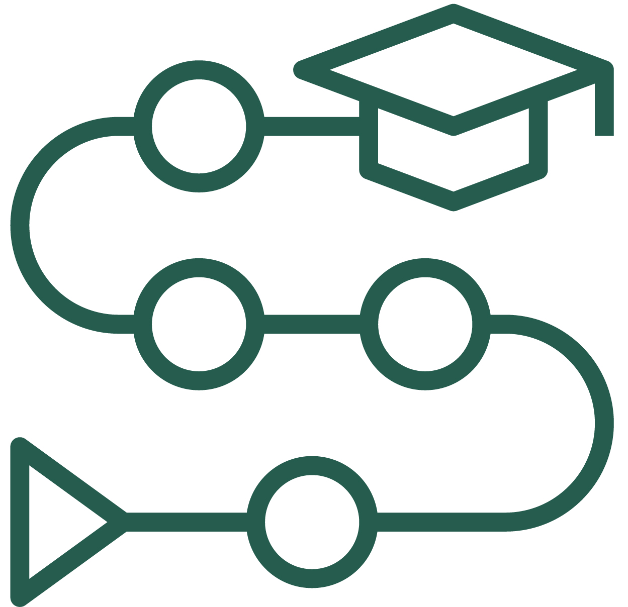 Green icon of zig zagging line with nodes, leading to a graduation cap