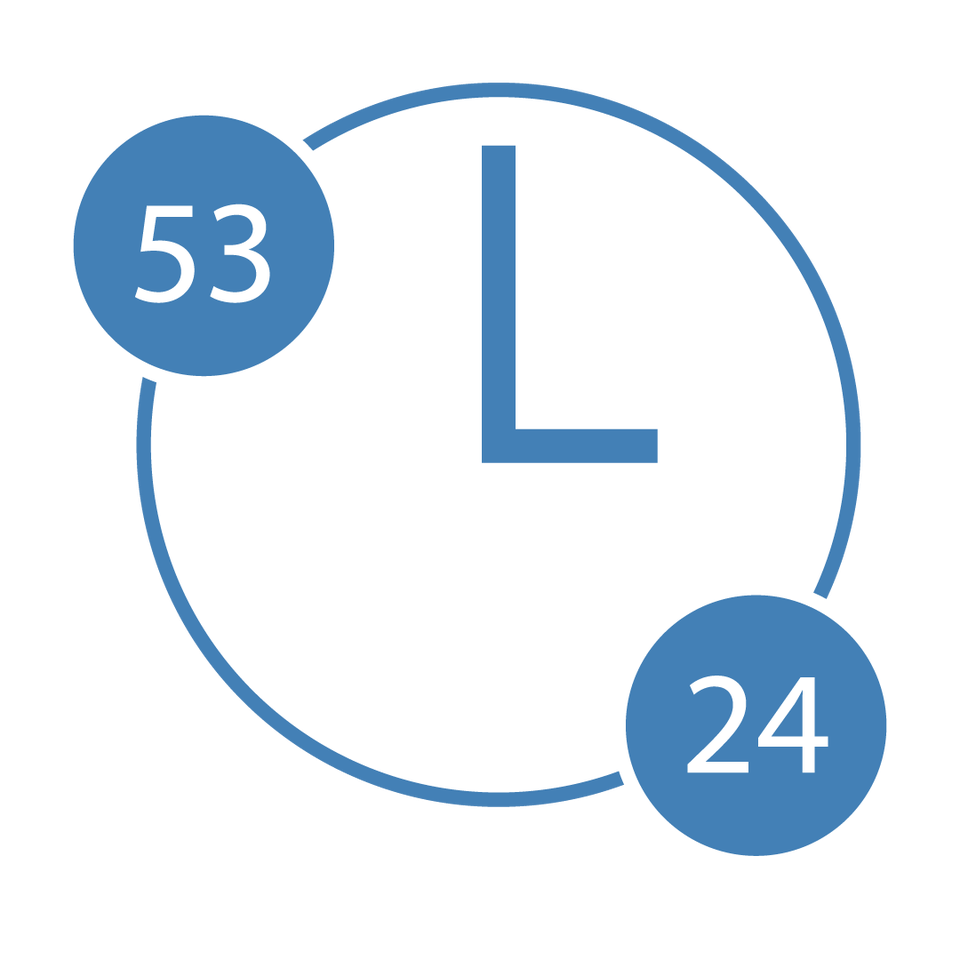 An icon of a clock with a two circles overlapping it, one with the number 53 and the other with the number 24