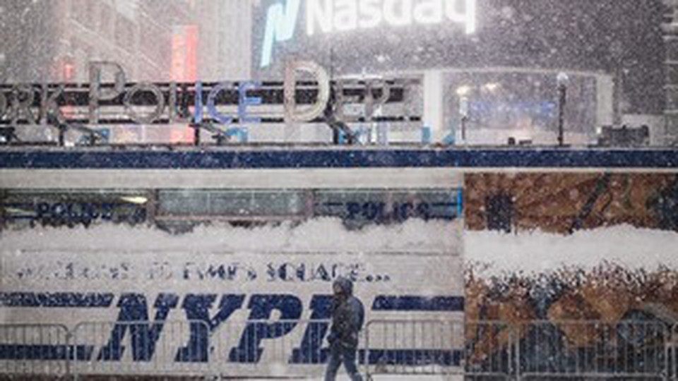 A police department station of NYPD on a snowy night