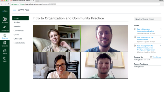 A screenshot of online social work students learning together